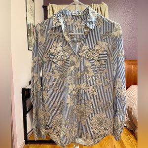 EXPRESS Shirt Womens/ Blue Floral Striped The City Button Up Blouse Pocket